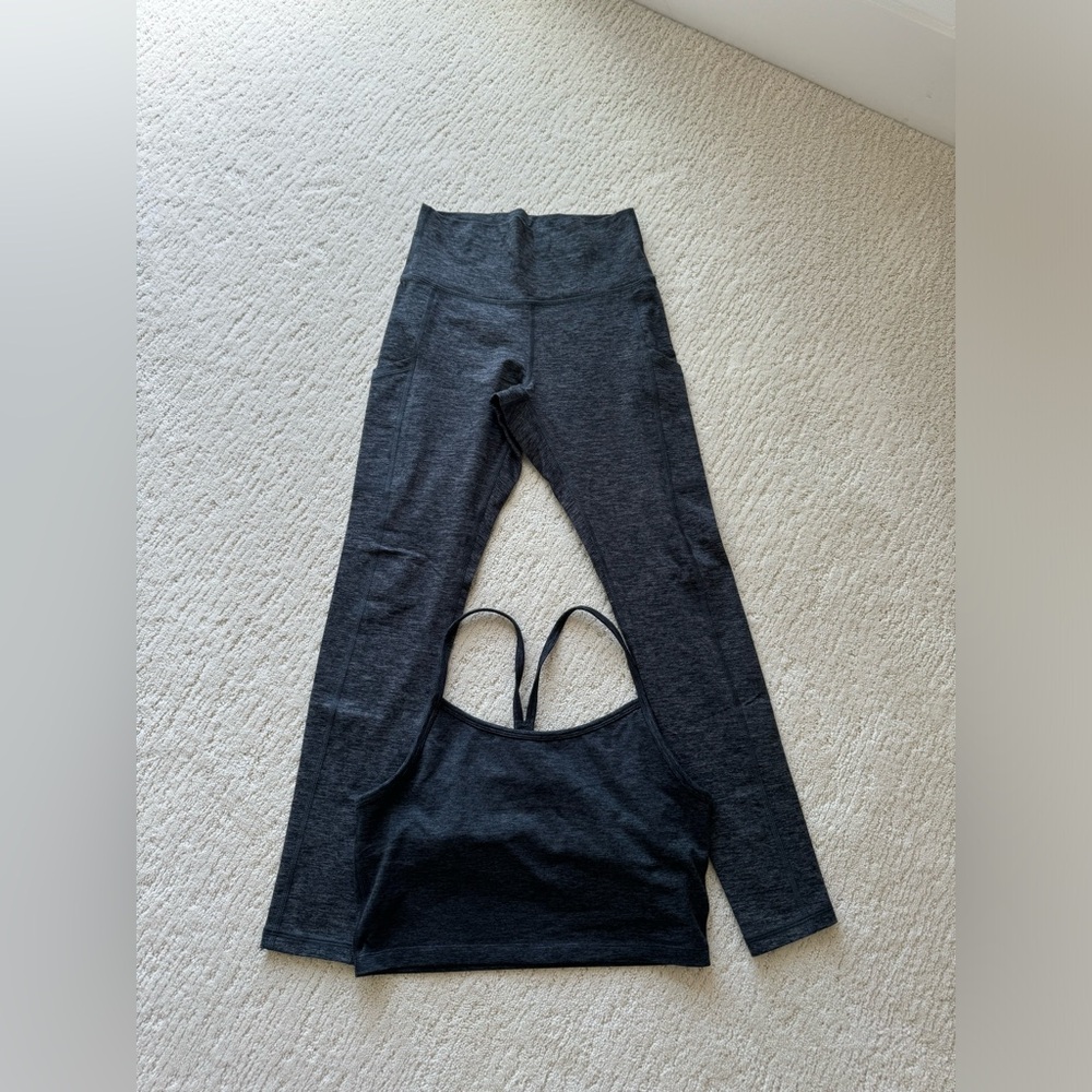 Aerie soft workout leggings with built in sports bra. Space grey coloring.